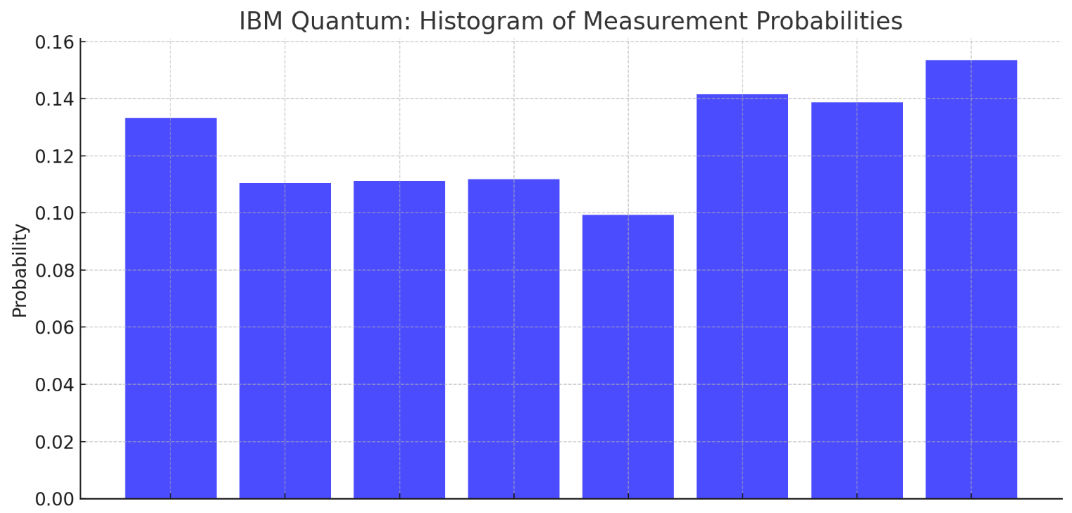 Histogram of measurement probabilities for the IBM Quantum implementation of the 3-qubit QFT algorithm.